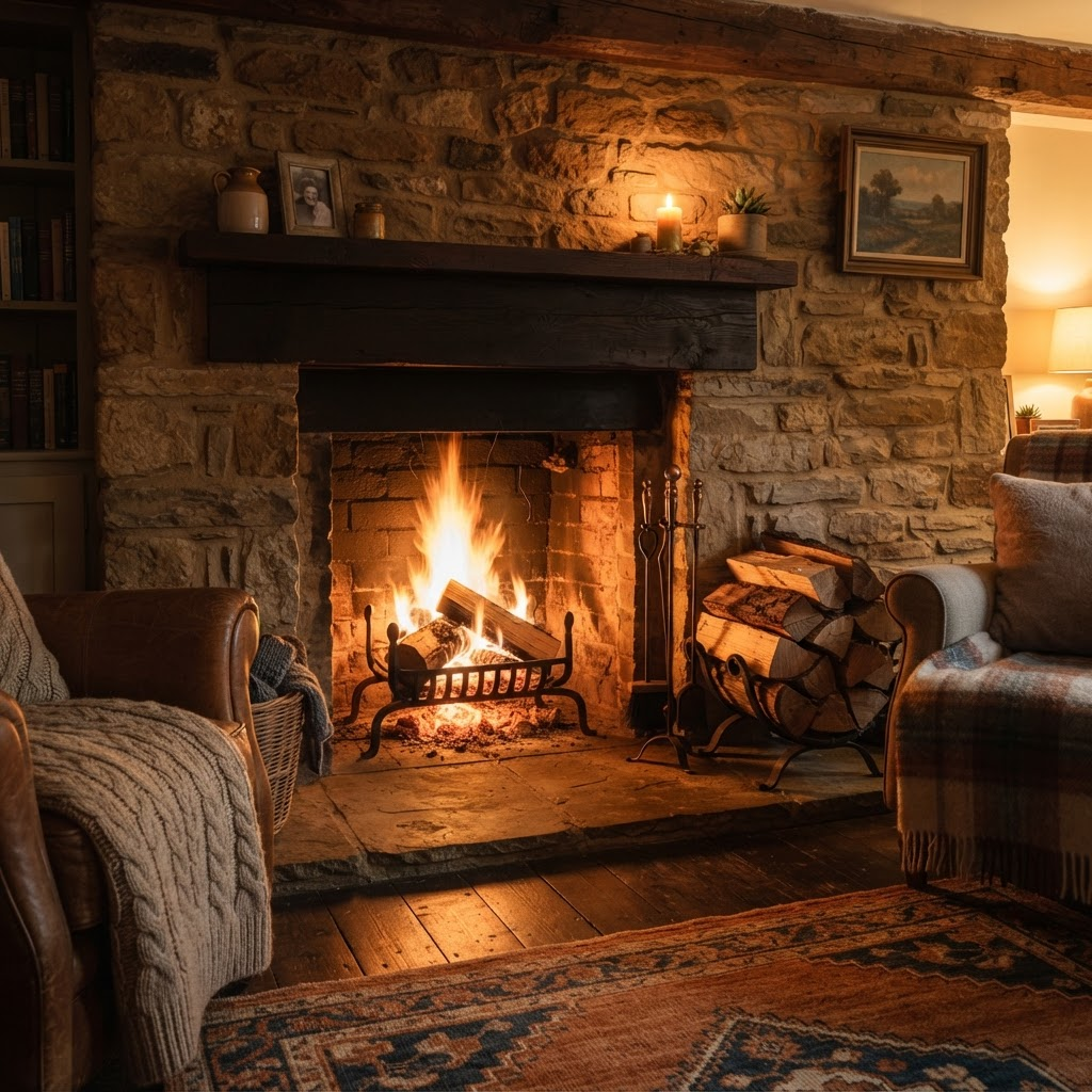 A cozy fireplace with a warm fire burning beside a small stack of logs