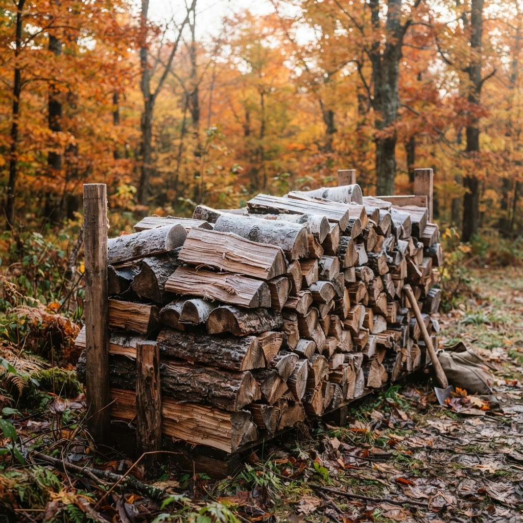 A stack of firewood dusted with morning frost with autumn trees behind