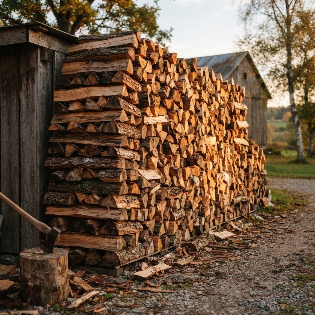 A tall, neatly stacked wall of split seasoned firewood glowing in golden-hour sunlight