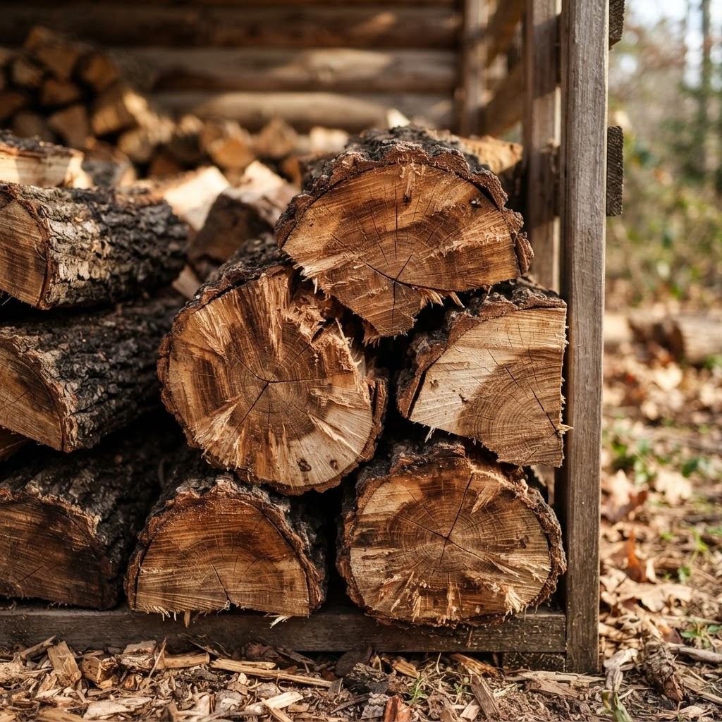 Close-up of freshly split hardwood logs showing wood grain and bark