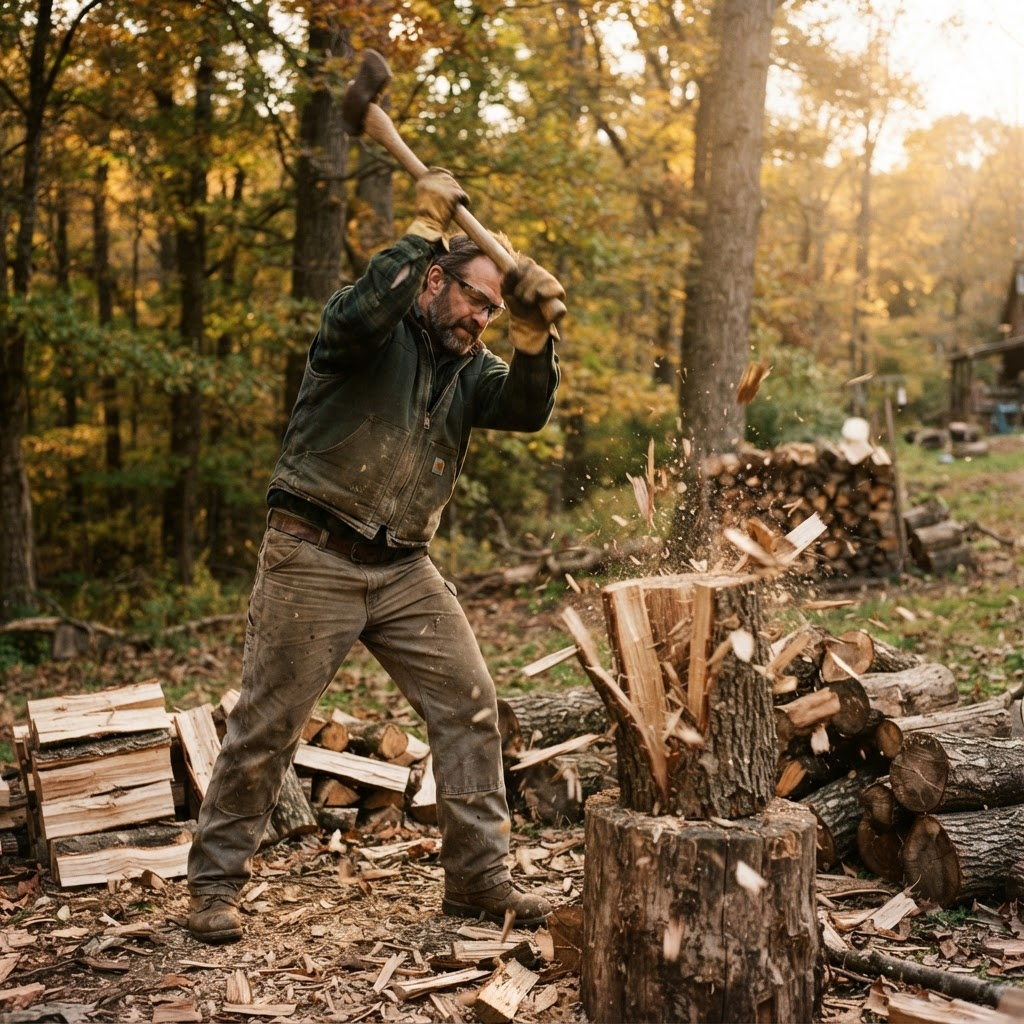 A worker in gloves splitting a hardwood log with an axe outdoors near the trees