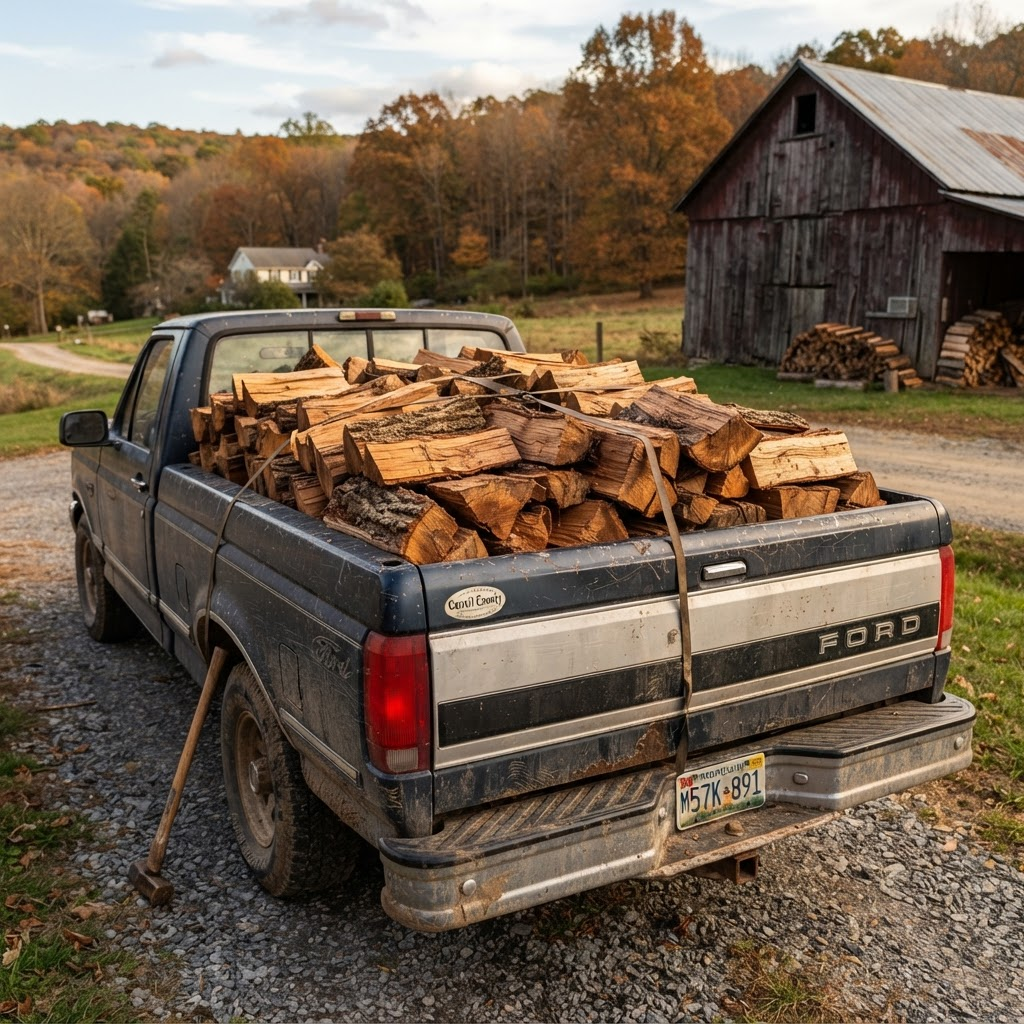 A pickup truck bed loaded with a fresh cord of split firewood